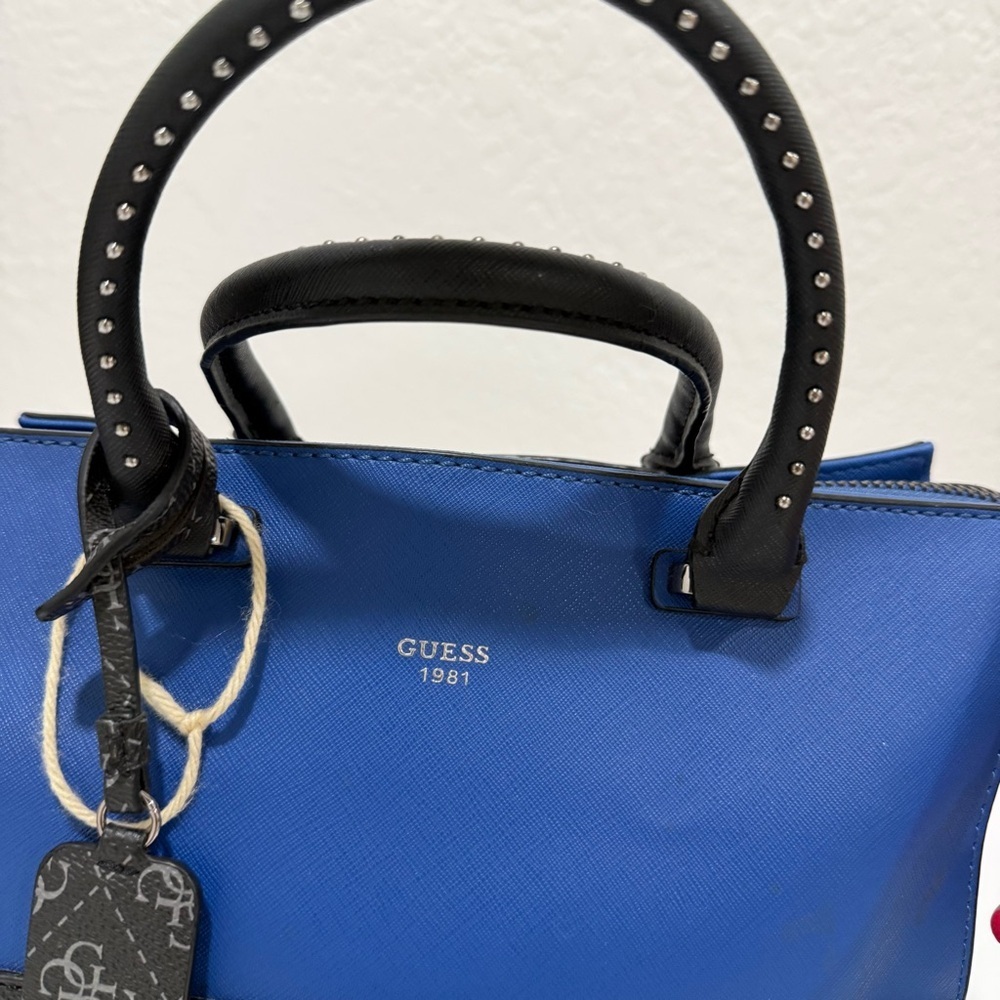 GUESS Hailey Small Satchel in the Indigo Multi Colorway Rocker Glam Modern Edgy - Picture 2 of 9